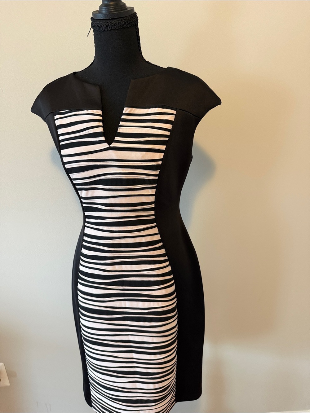 Dress Barn Black and White Striped Midi Sheath Dress